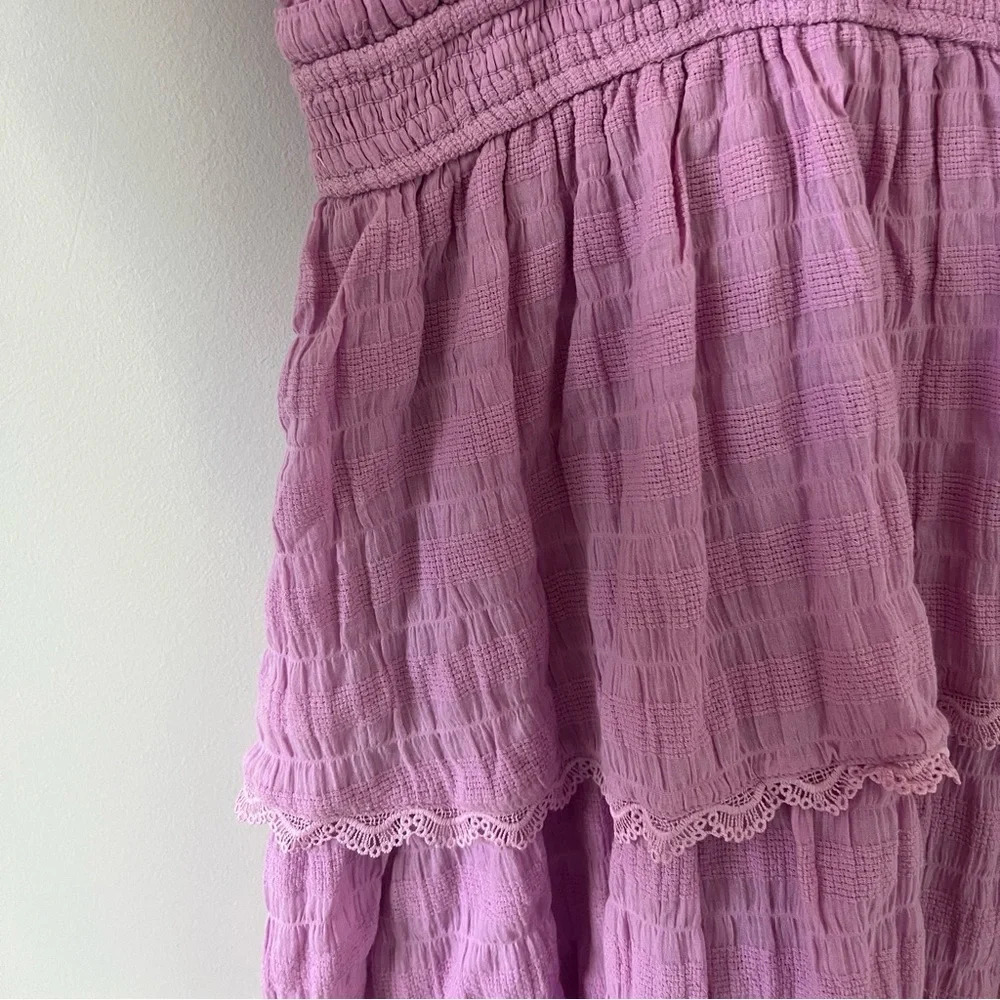 Women’s Resortwear Pink Cotton Puff Sleeve Wrap Tiered Pink Purple Mini Dress - Picture 9 of 12
